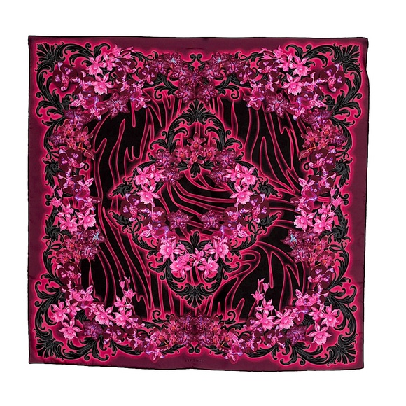 Versace logo monogram silk floral printed silk Pink and Black Scarf NEW